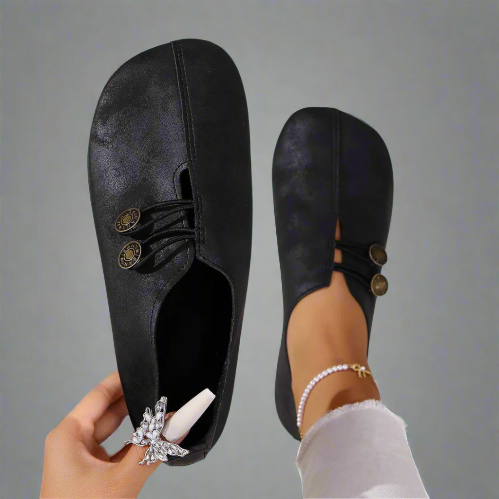 Round Toe Button Loop Suede Look Slip On Flats