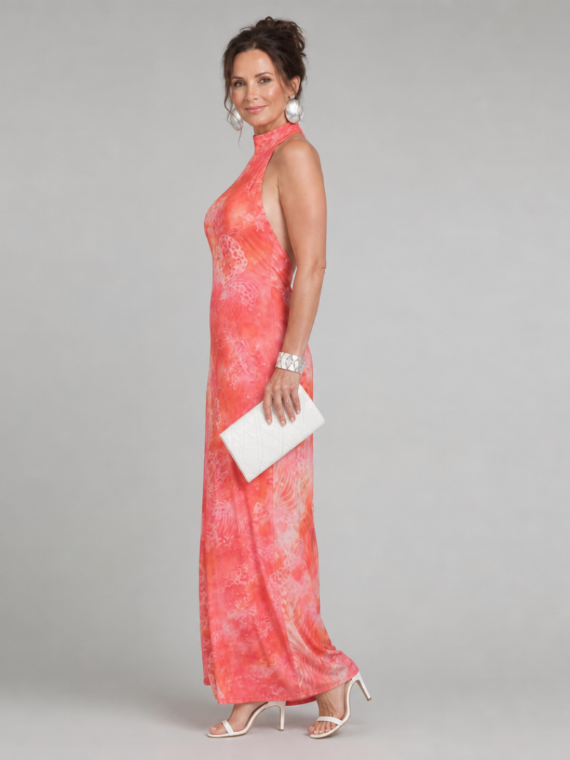 Abstract Print Halter Neck Sleeveless Maxi Dress