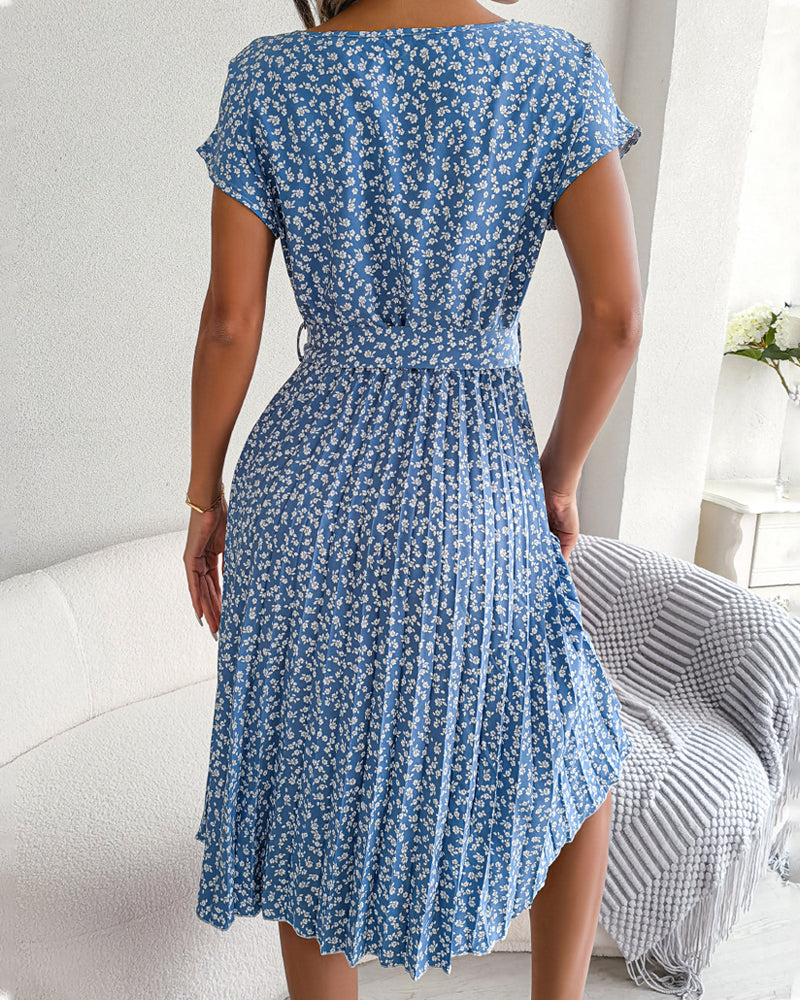 Short sleeve floral print tie dress