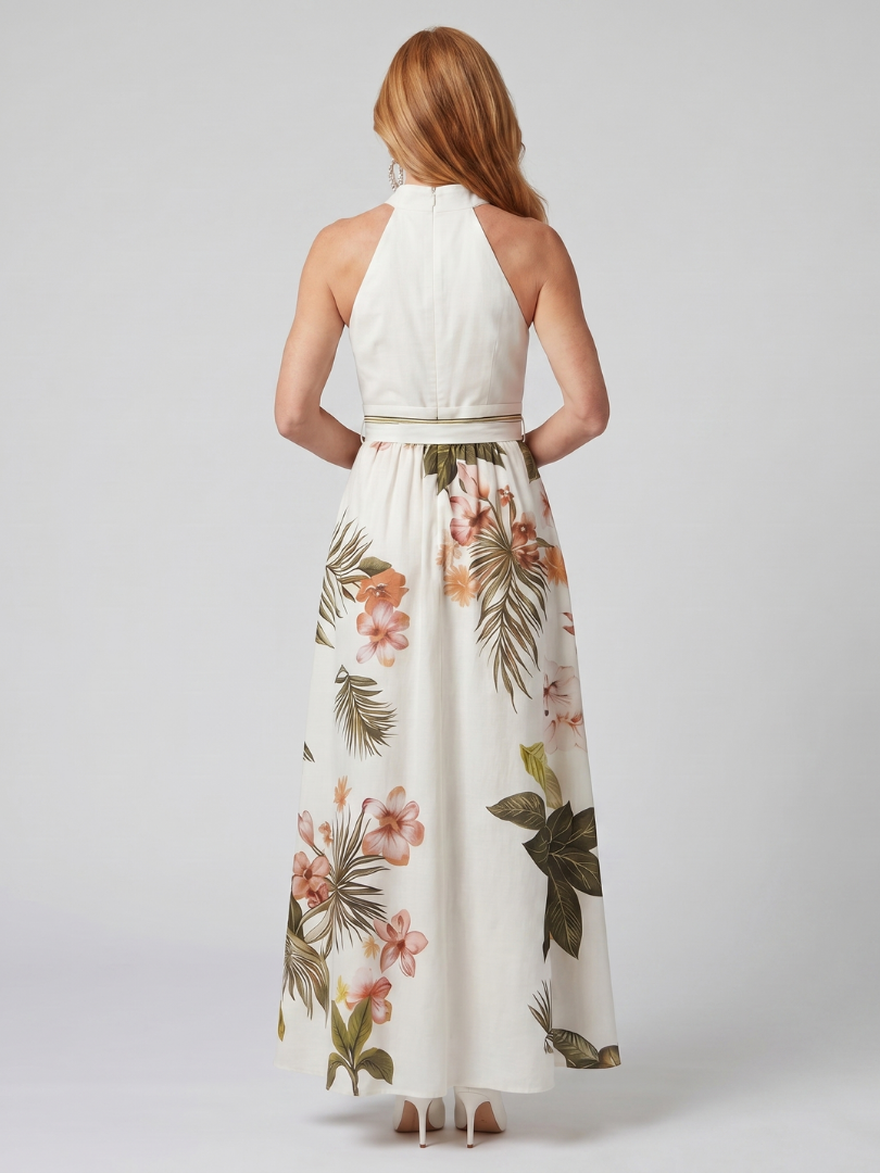 Halter Neck Tie Waist Botanical Floral Maxi Dress
