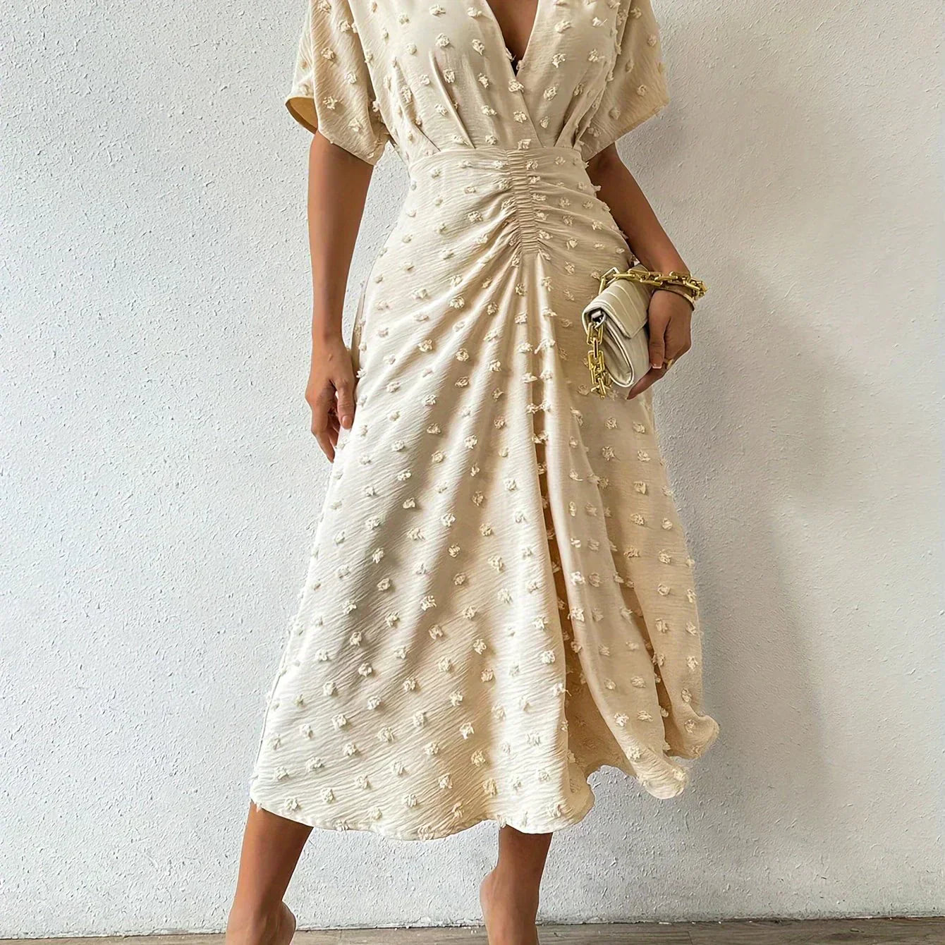 Swiss Dot Flutter Sleeve Pleated Back A-Line Midi Dress
