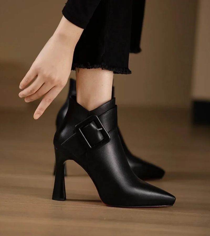 Pointed Toe Buckle Strap Block Heel Ankle Boots
