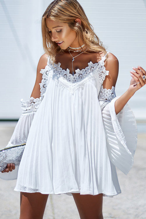 Lace Embroidered Cold Shoulder Pleated Dress - 2 Colors White