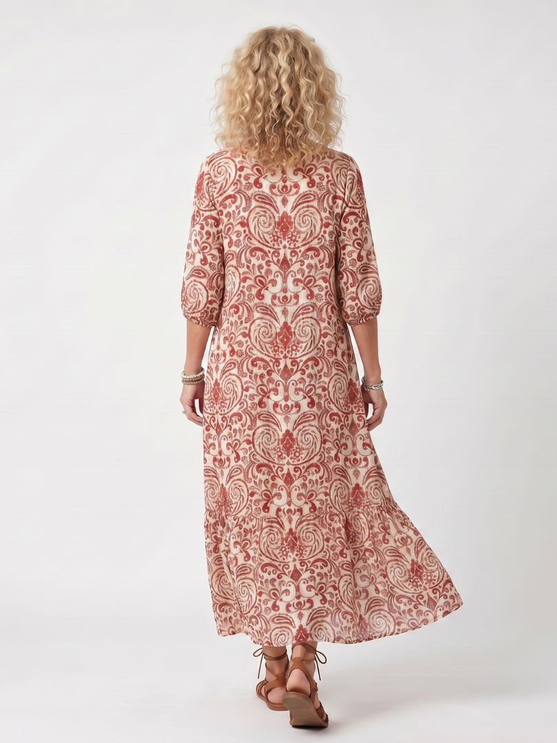 Ornate Print Tie Neck Tassel Three Quarter Sleeve Maxi Dress