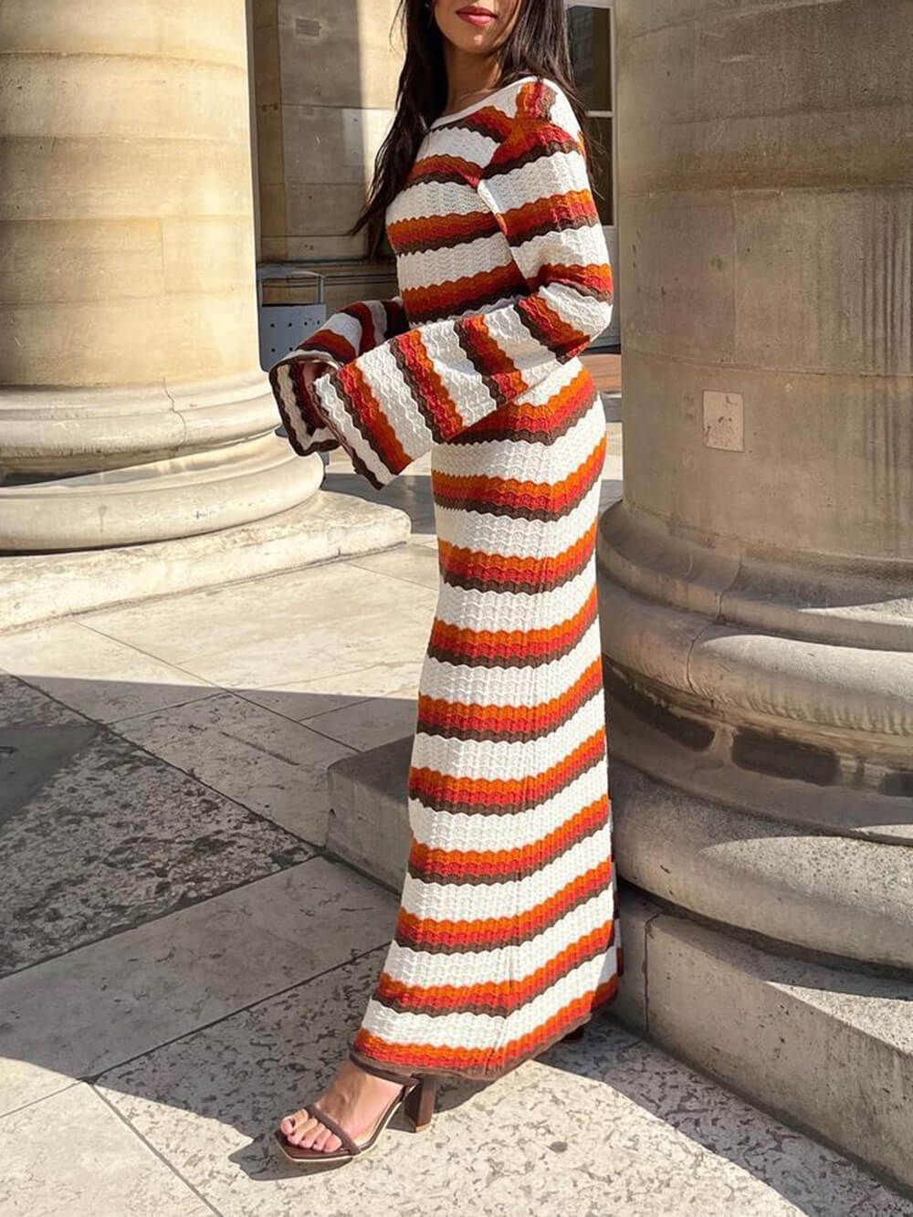 Crochet Zigzag Stripe Long Sleeve Bell Sleeve Maxi Dress
