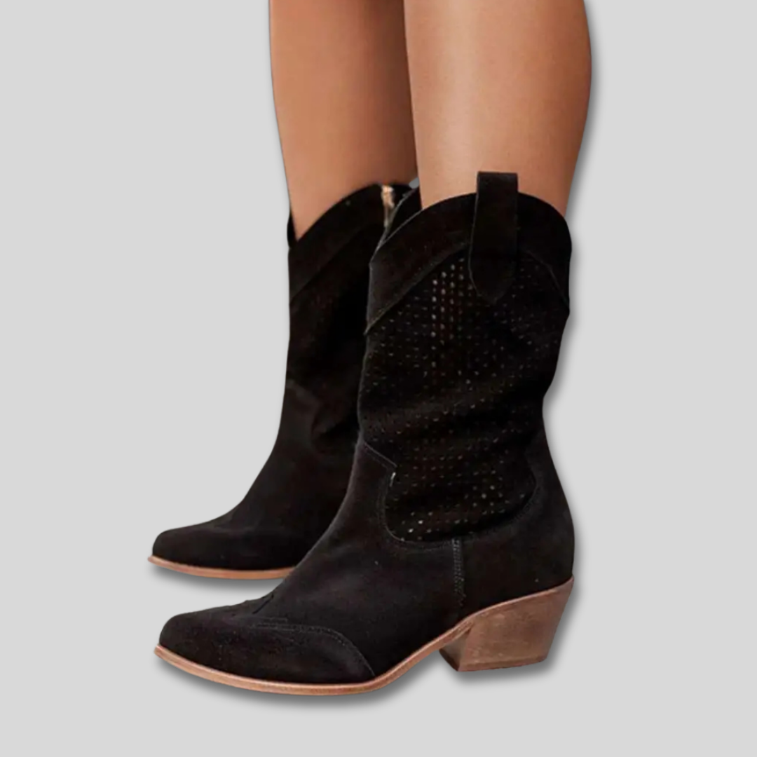 Perforated Suede Look Block Heel Western Mid Calf Boots