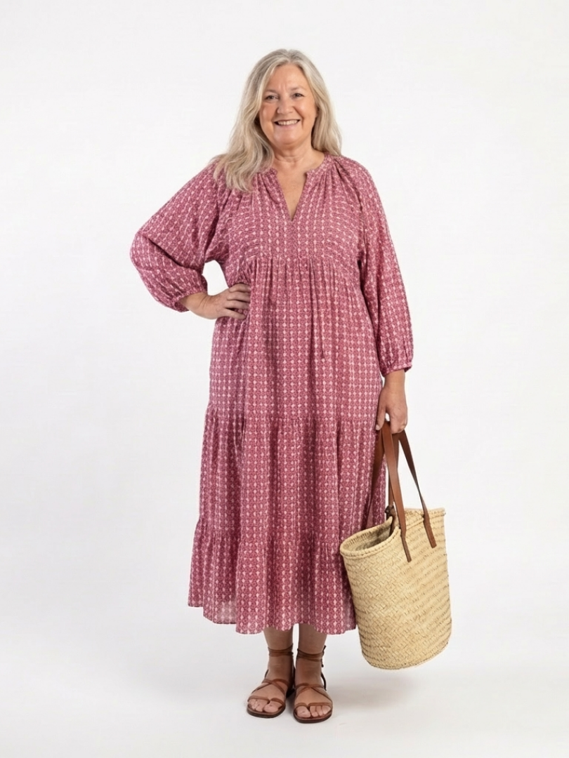 Print V-Neck Long Puff Sleeve Tiered Maxi Dress