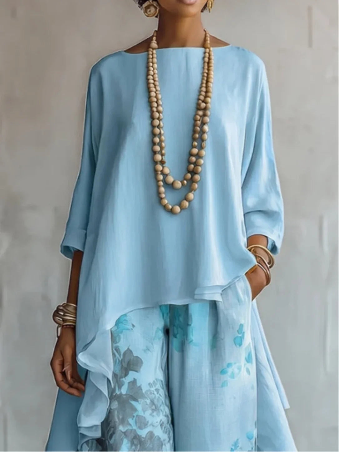 Boat Neck High Low Top and Floral Wide Leg Pants Two Piece Set