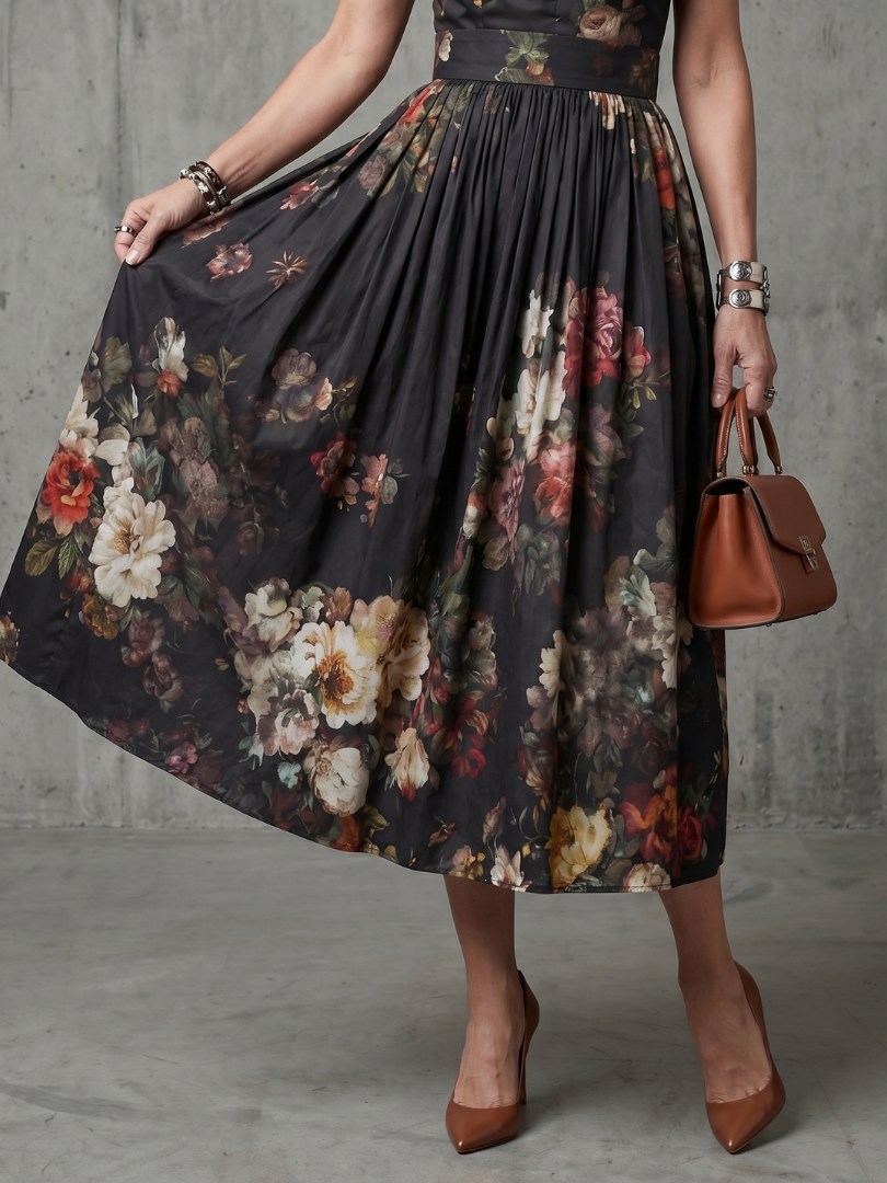 Floral Print Mock Neck Keyhole Sleeveless Belted Midi Dress