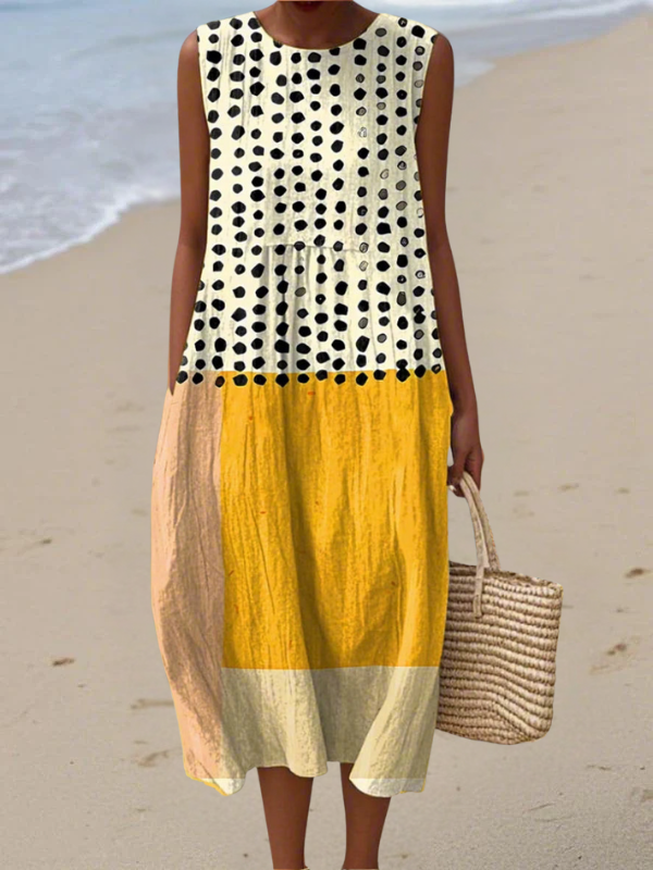 Polka Dot Colorblock Round Neck Sleeveless Midi Dress