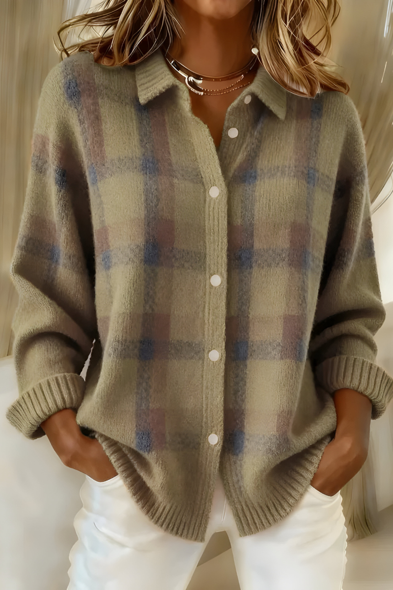Plaid Collared Button Front Long Sleeve Knit Cardigan