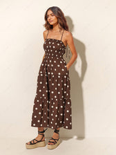 Chocolate And Ivory Polka Dot Trendy Print Pleated Elastic Strap Dress