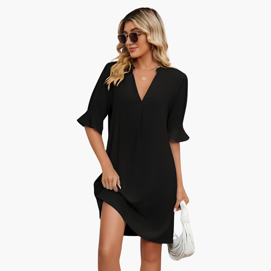 Gwen | Loose V-Neck Pleated Dress Black