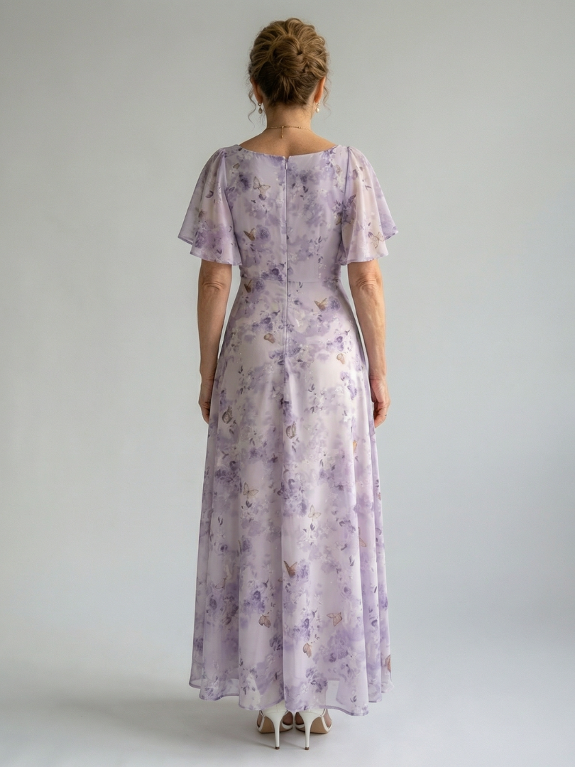 Floral Flutter Sleeve Ruched Sweetheart Maxi Dress