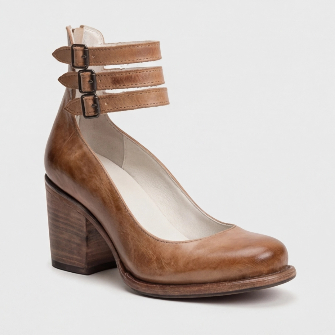 Round Toe Triple Ankle Strap Buckle Block Heel Pumps