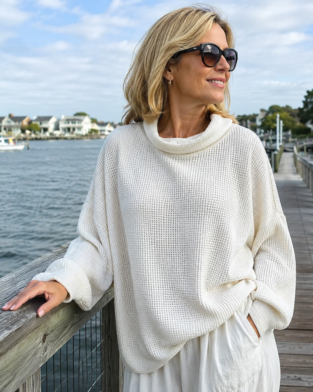 Waffle Knit Cowl Neck Oversized Long Sleeve Sweater