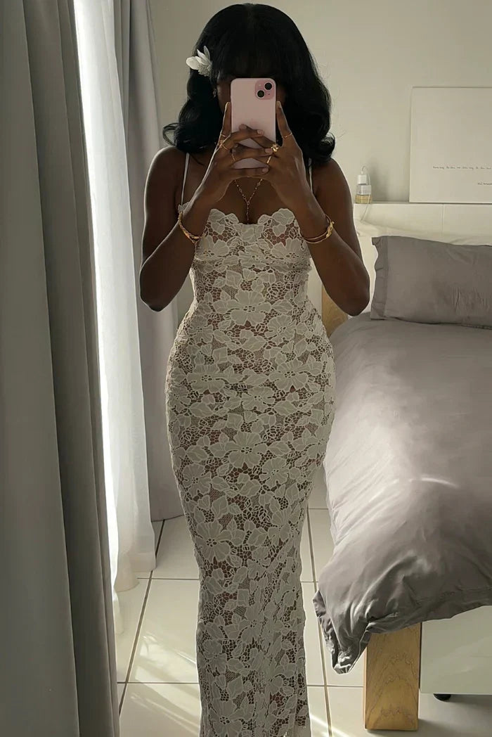 Guipure Lace Scalloped Sweetheart Cami Mermaid Maxi Dress 20