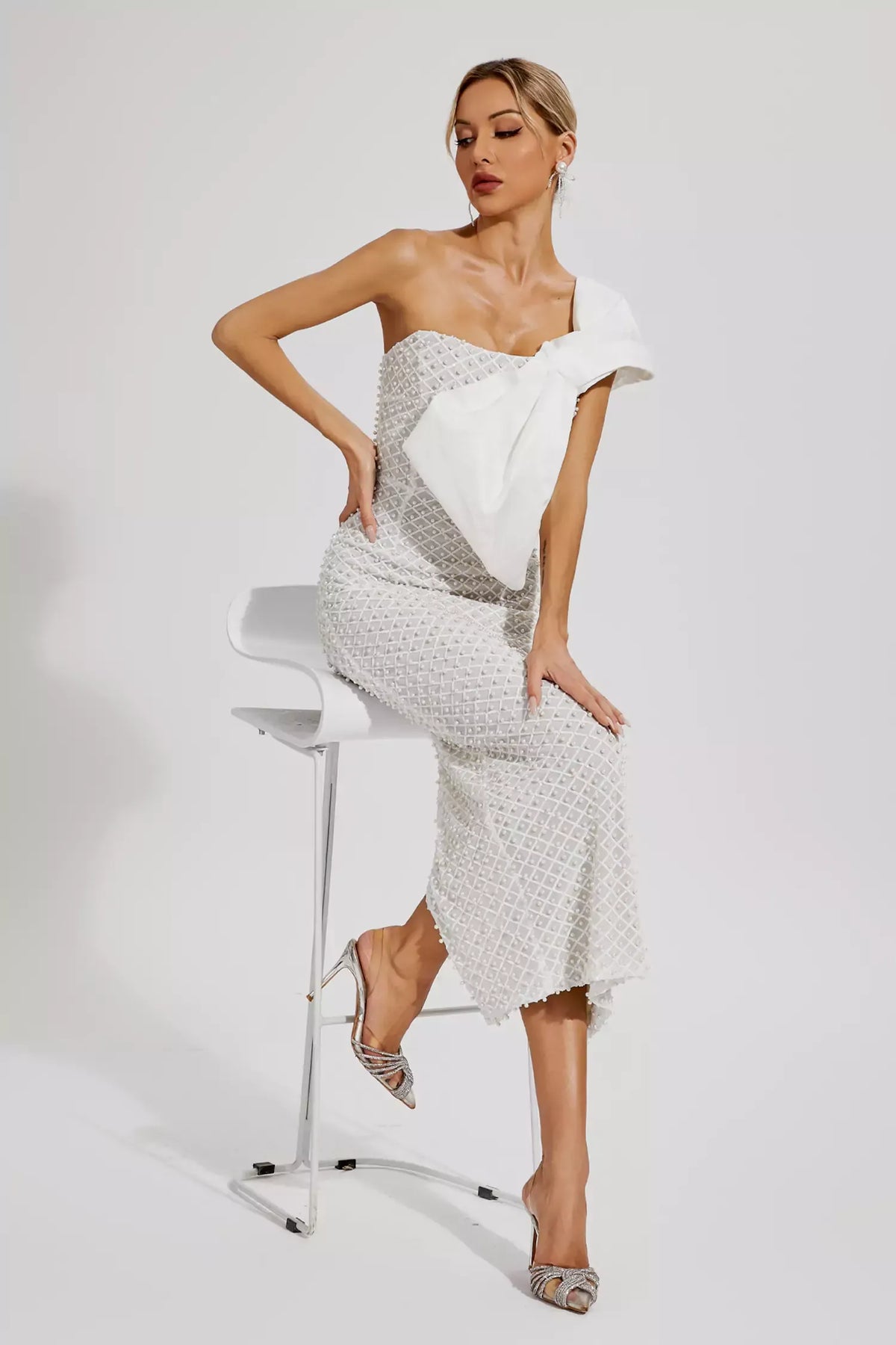 Pearl Embellished Strapless Bow Bodice Bodycon Maxi Dress 4