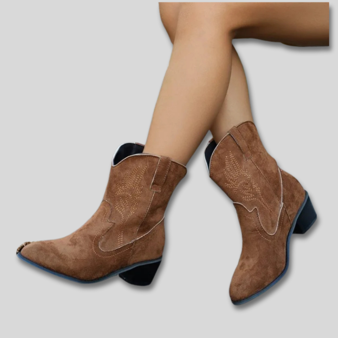 Embroidered Pointed Toe Suede Look Block Heel Western Ankle Boots
