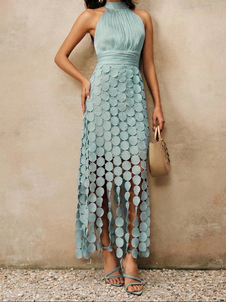 Halter Neck Ruched Disc Cut Out Fringe Hem Maxi Dress