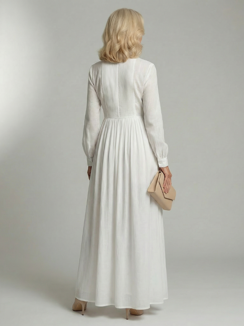 Collared Long Sleeve Pintuck Button Front Maxi Shirt Dress