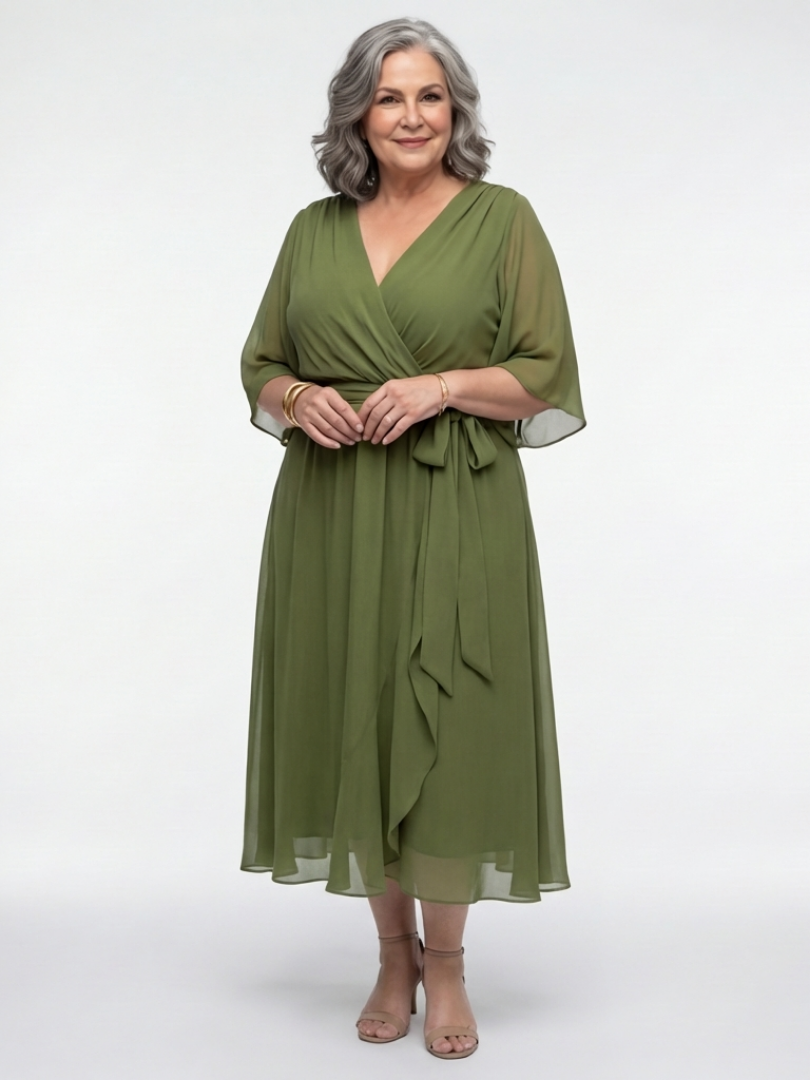 V-Neck Kimono Sleeve Tie Waist High Low Midi Dress