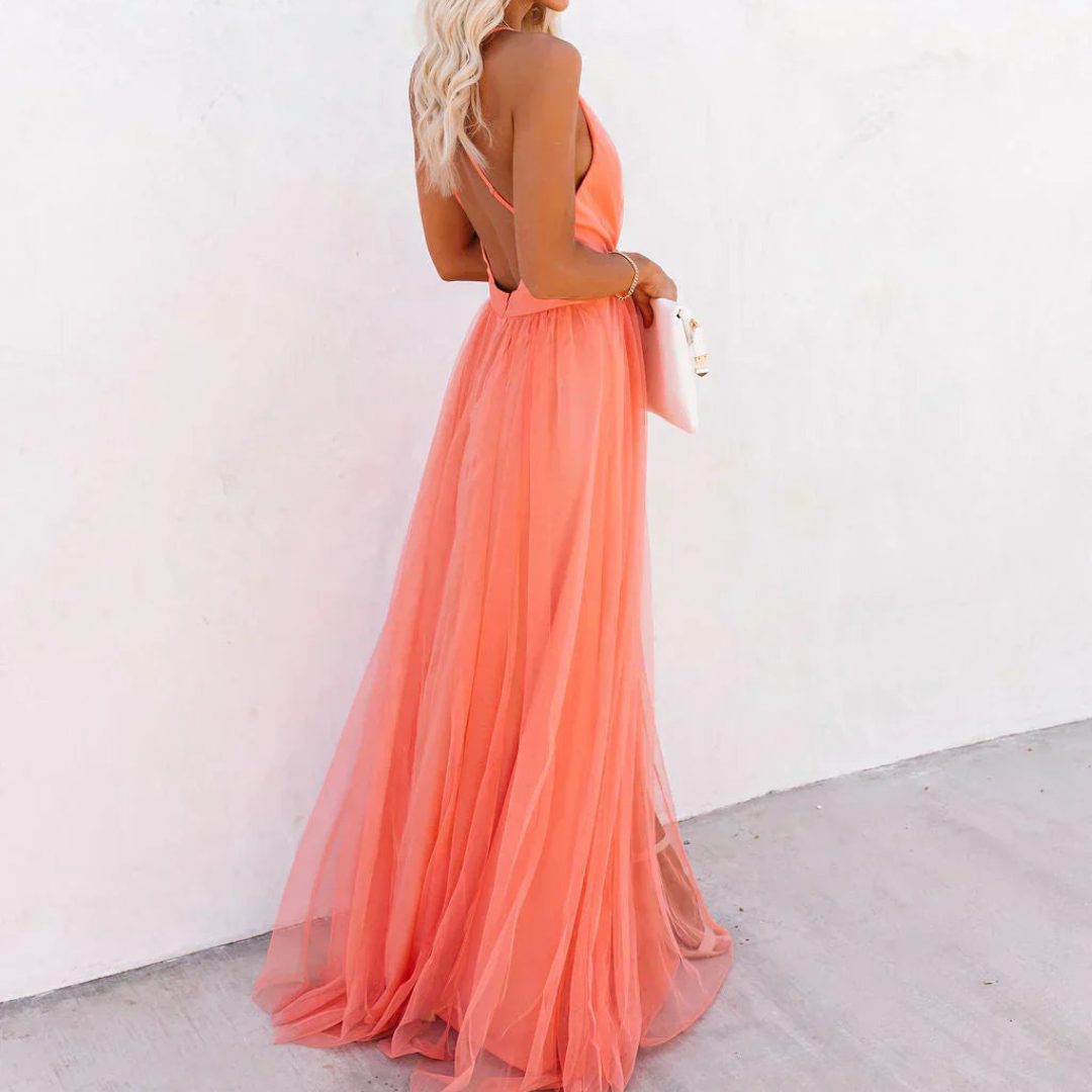 Deep V-Neck Spaghetti Strap Tulle Maxi Gown
