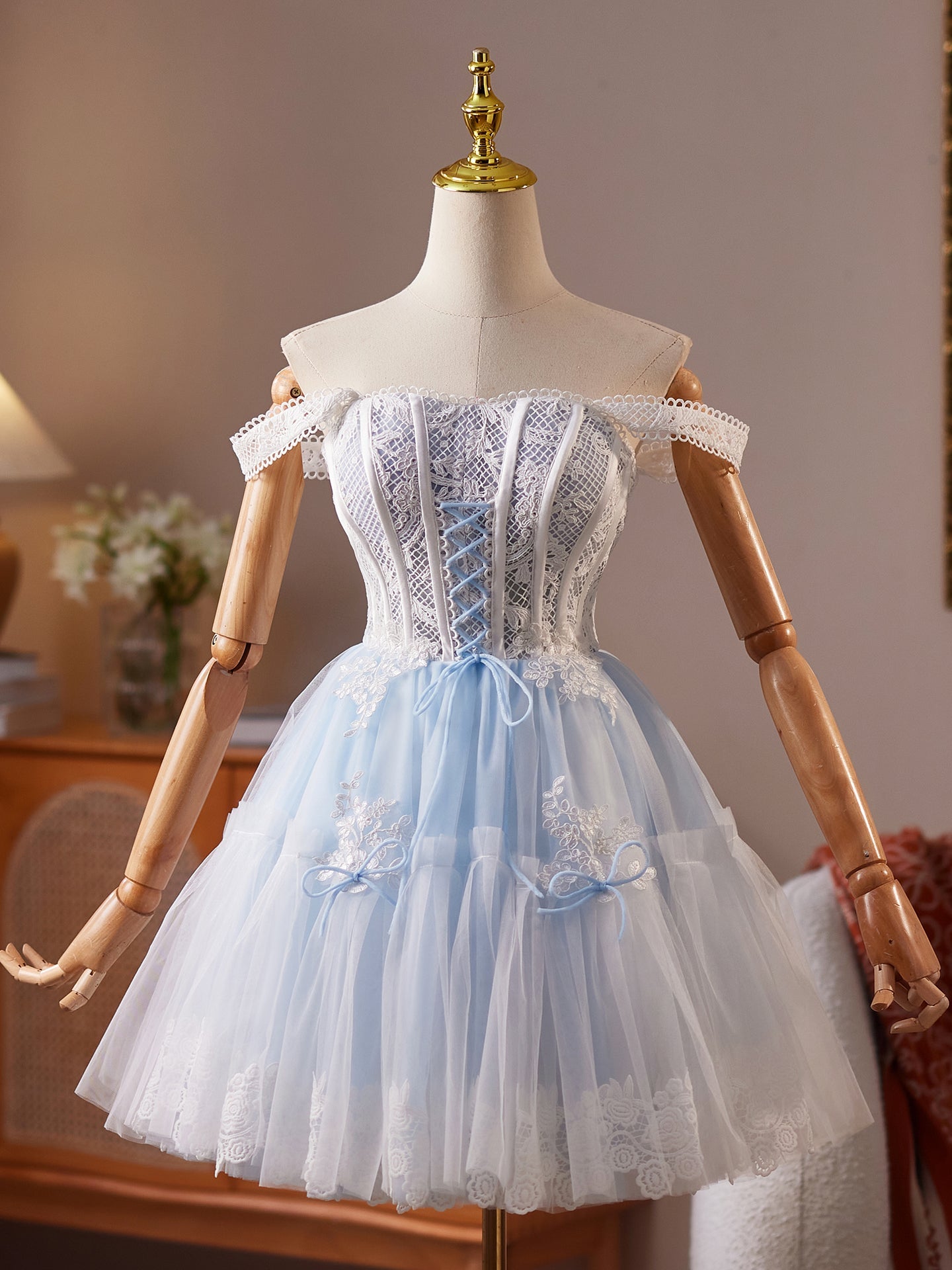 Sky Blue Appliques Straps Tulle A Line  Homecoming Dress