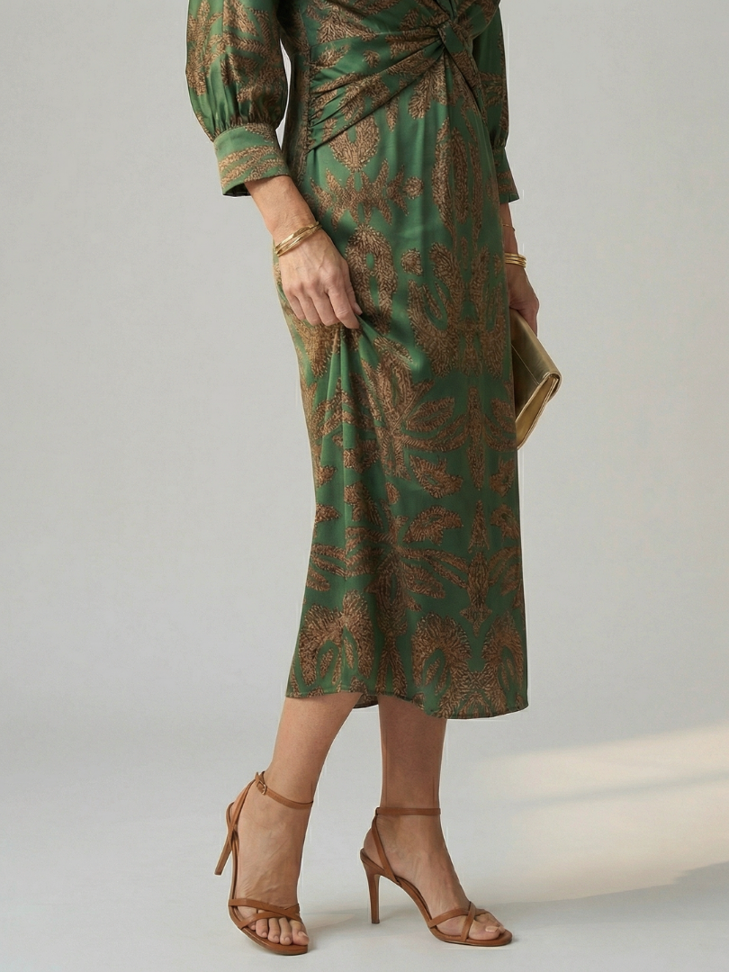 Paisley Print V-Neck Twist Front Long Sleeve Midi Dress