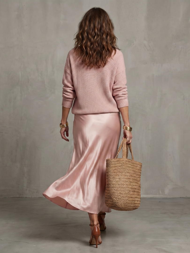 V-Neck Knit Sweater and Satin Slip Maxi Skirt Two Piece Set