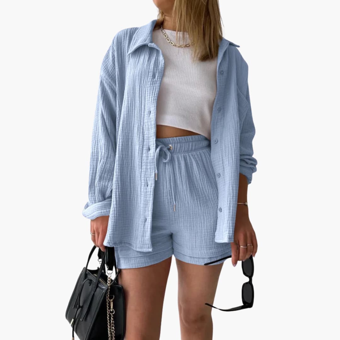 Button Front Shirt and Drawstring Shorts Two Piece Set