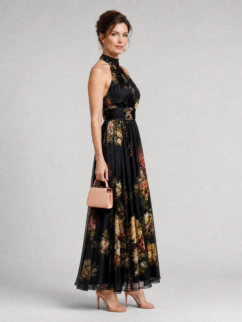 Floral Halter Neck Sleeveless Ruched Waist Maxi Dress