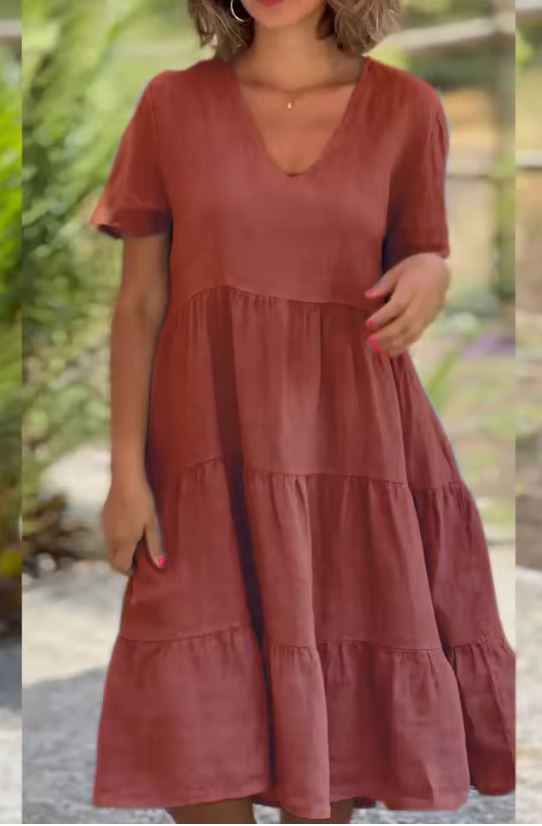 V-Neck Short Sleeve Tiered Midi Dress