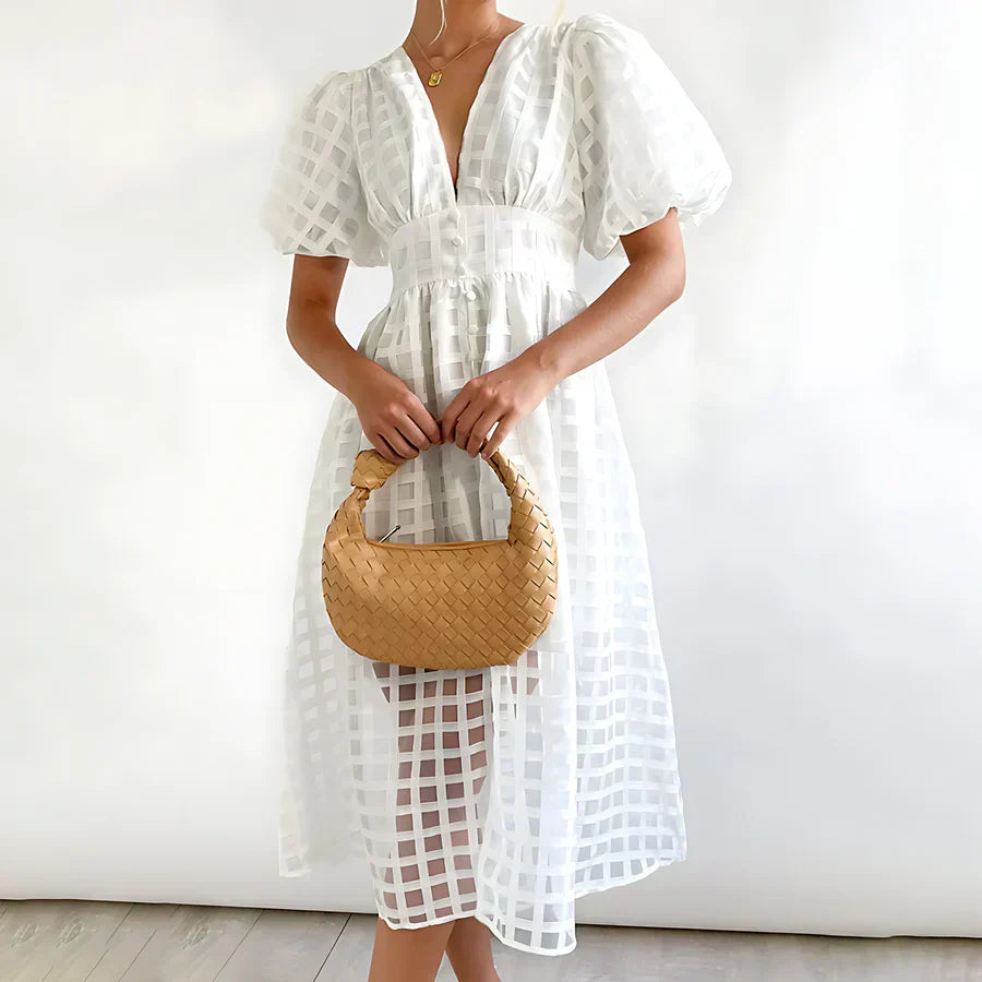 Cindy - Classic Patterned Puff Sleeve Midi Dress White