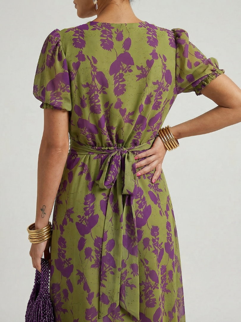 Floral Deep V-Neck Puff Sleeve Wrap Midi Dress