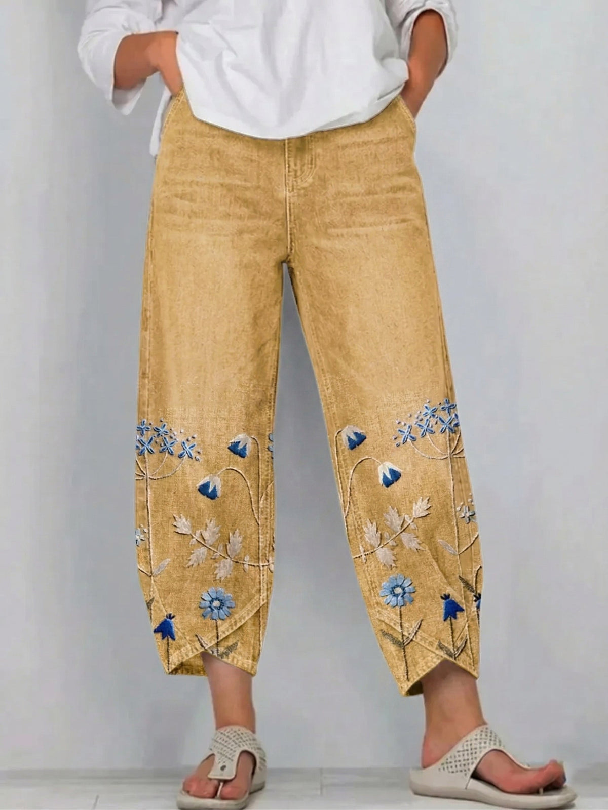 Floral Embroidered Wide Leg Cropped Denim Trousers