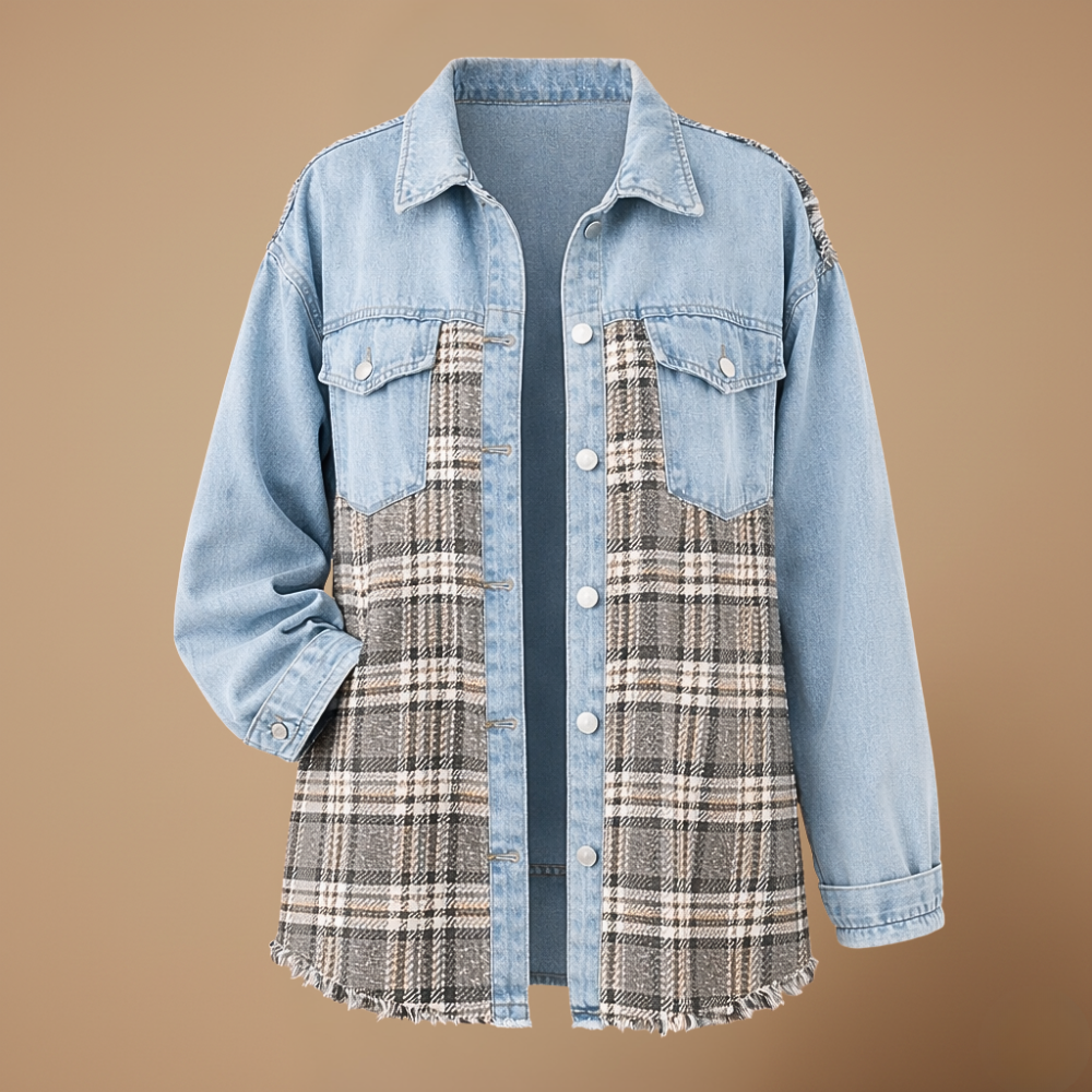 Denim Jacket with Plaid Patchwork and Button Closure