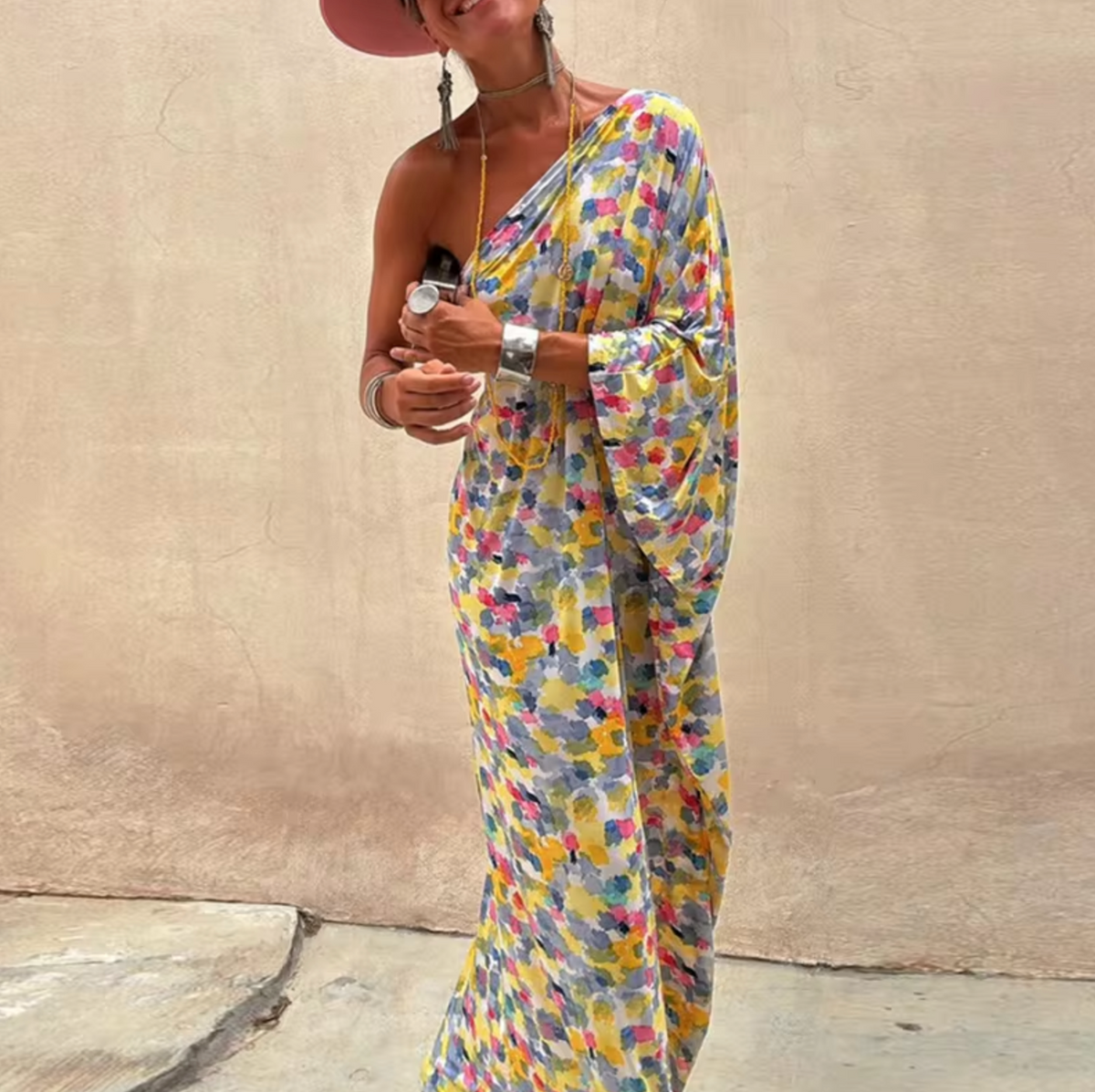 Abstract Floral Print One Shoulder Batwing Sleeve Loose Maxi Dress 5