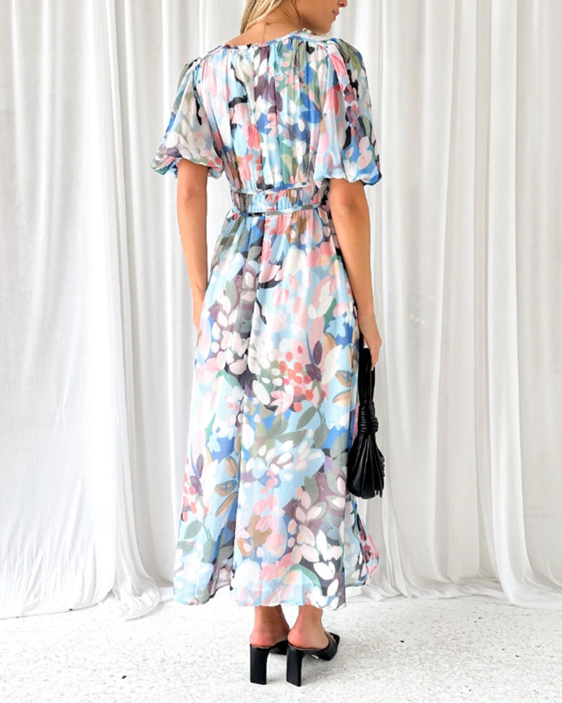 Floral Chiffon Deep V-Neck Long Sleeve Cut Out Maxi Dress 23