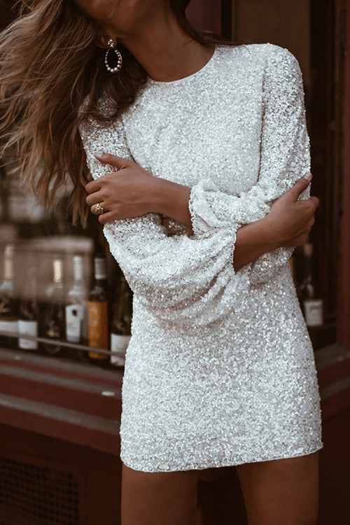 Here to Charm Sequin Balloon Sleeve Mini Dress - 3 Colors White