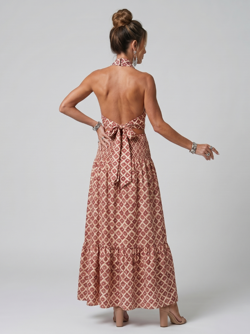 Halter Neck Cut Out Geometric Print Tiered Maxi Dress