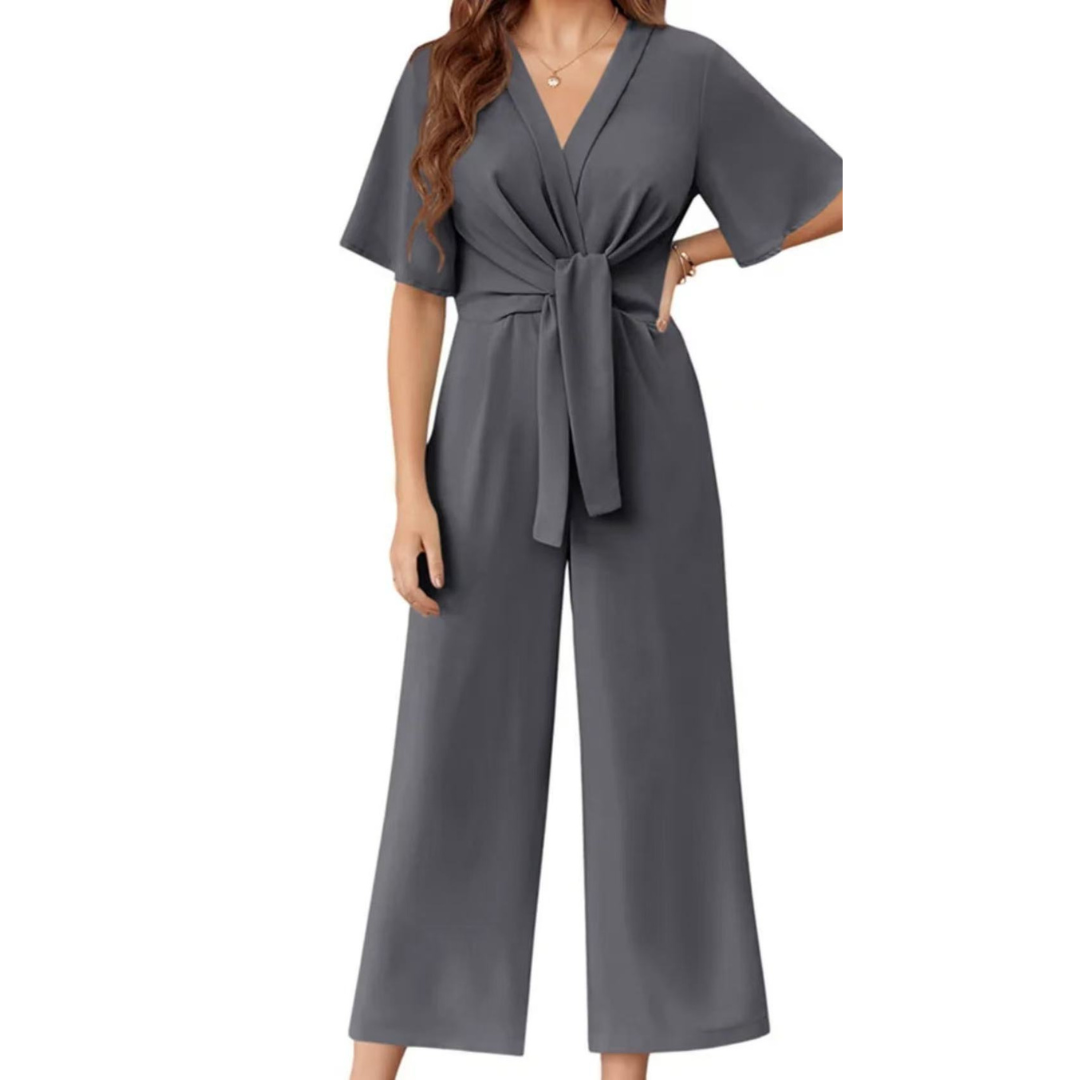 V-Neck Short Sleeve Tie Front Wide Leg Jumpsuit