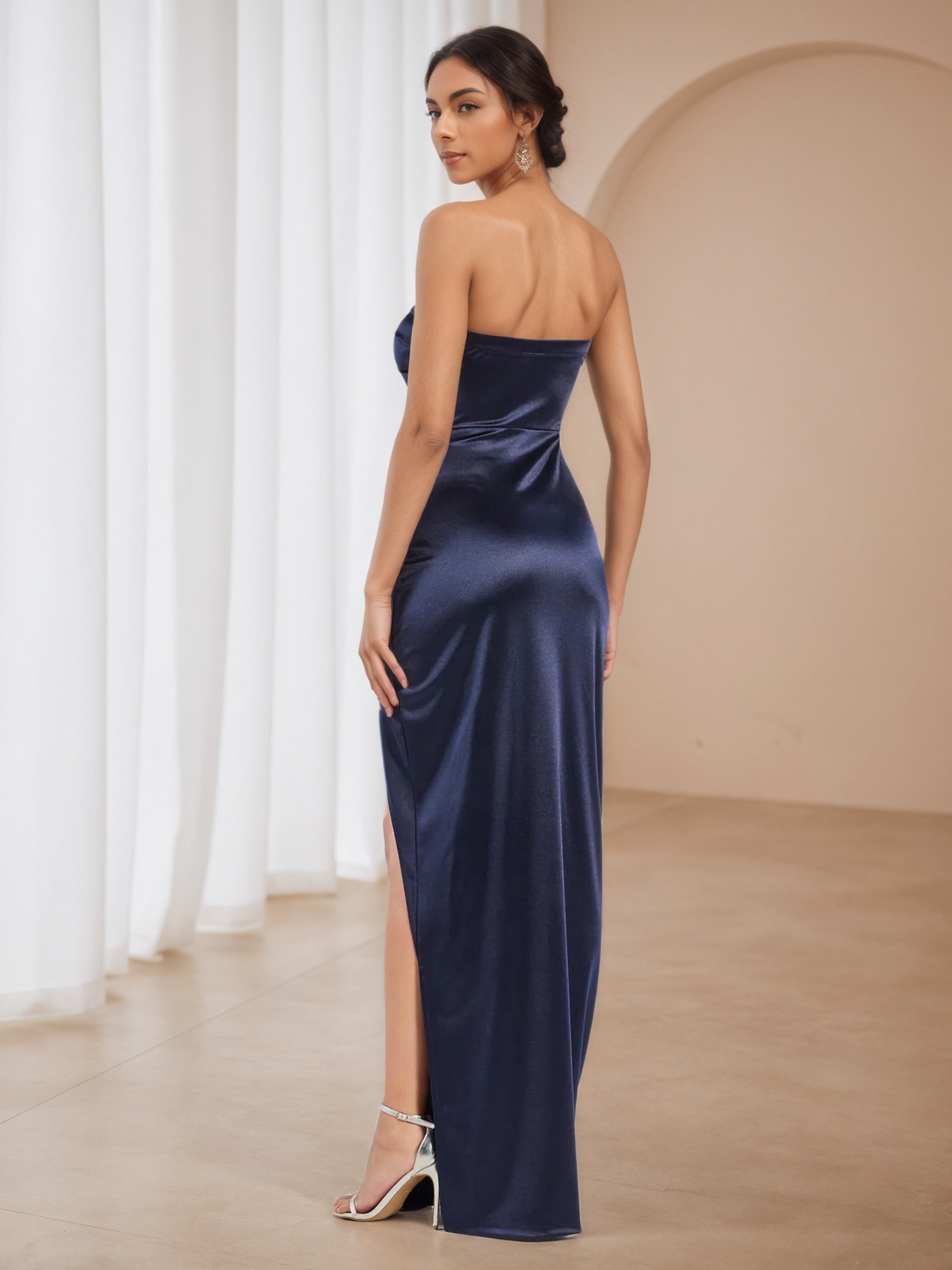 Pleats Navy Strapless Long Formal Dresses