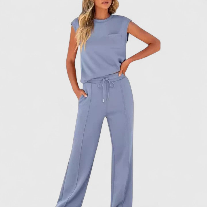 Cap Sleeve Top and Drawstring Wide Leg Pants Two Piece Set