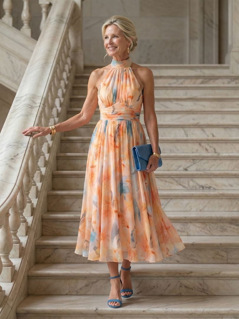 Watercolor Floral Halter Neck Pleated Midi Dress