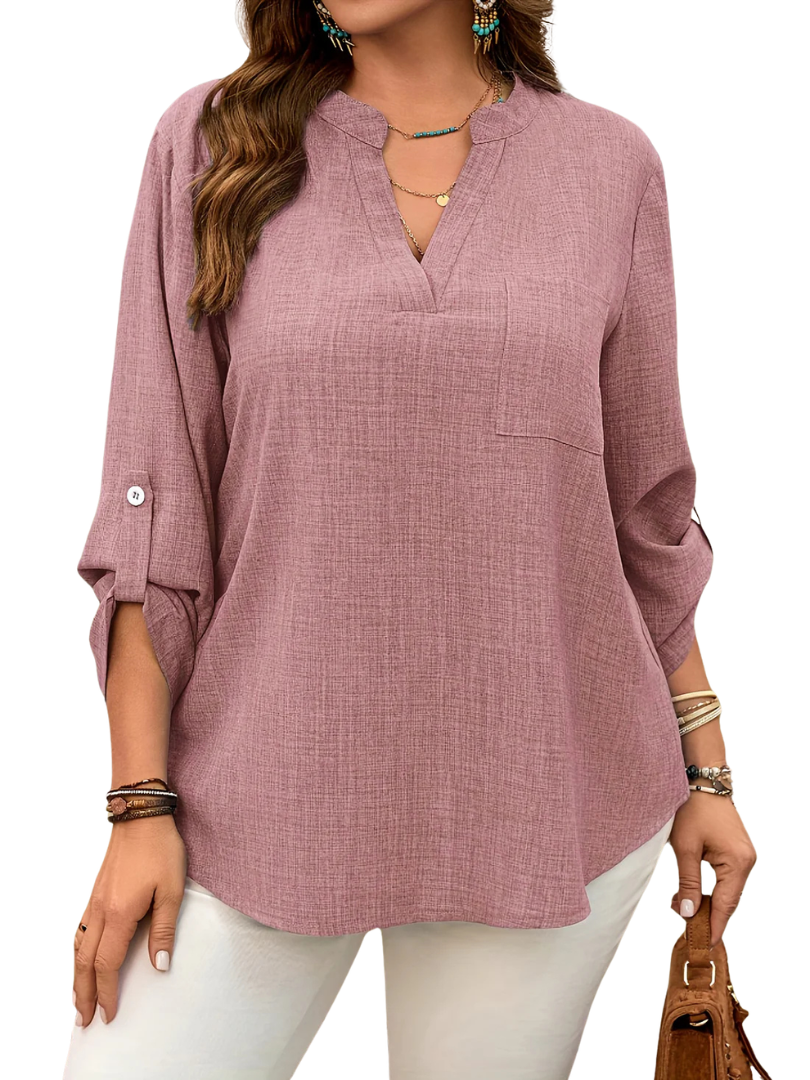 Notch V-Neck Roll Tab Long Sleeve Pocket Top