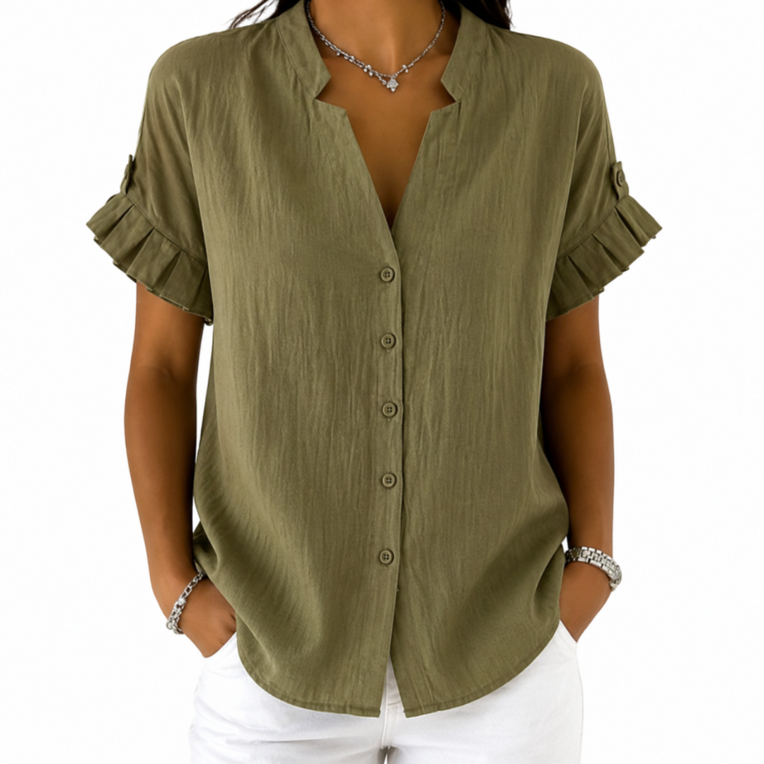 Notch Neck Ruffle Short Sleeve Button Front Blouse