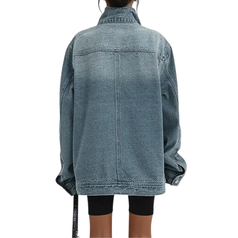 Oversized Stand Collar Button Front Denim Jacket