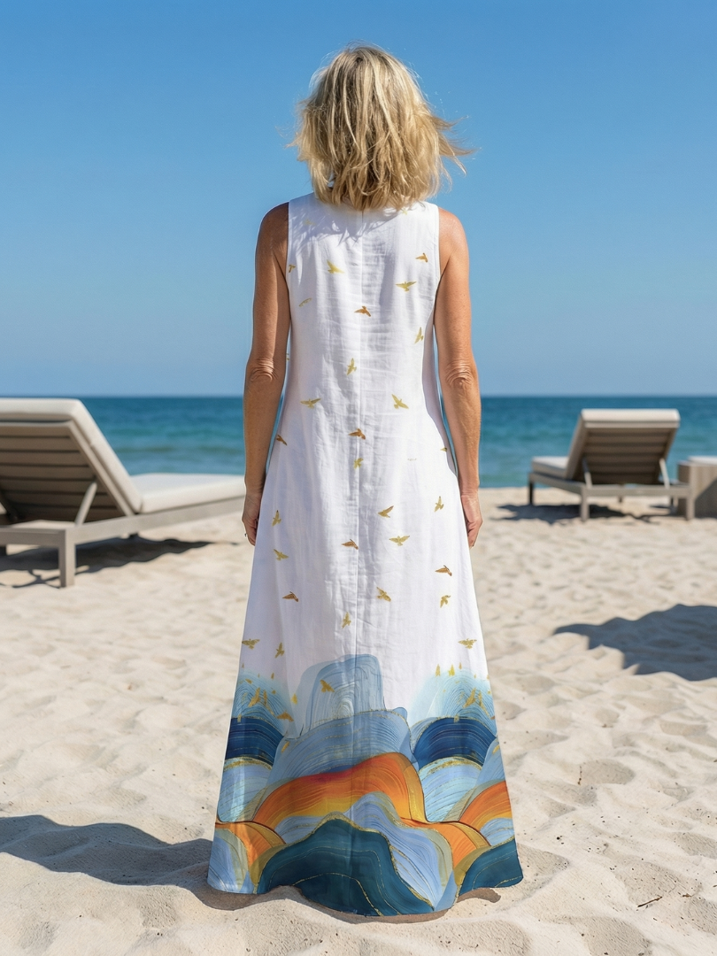 Notch Neck Sleeveless Bird Print Scenic Border Maxi Dress