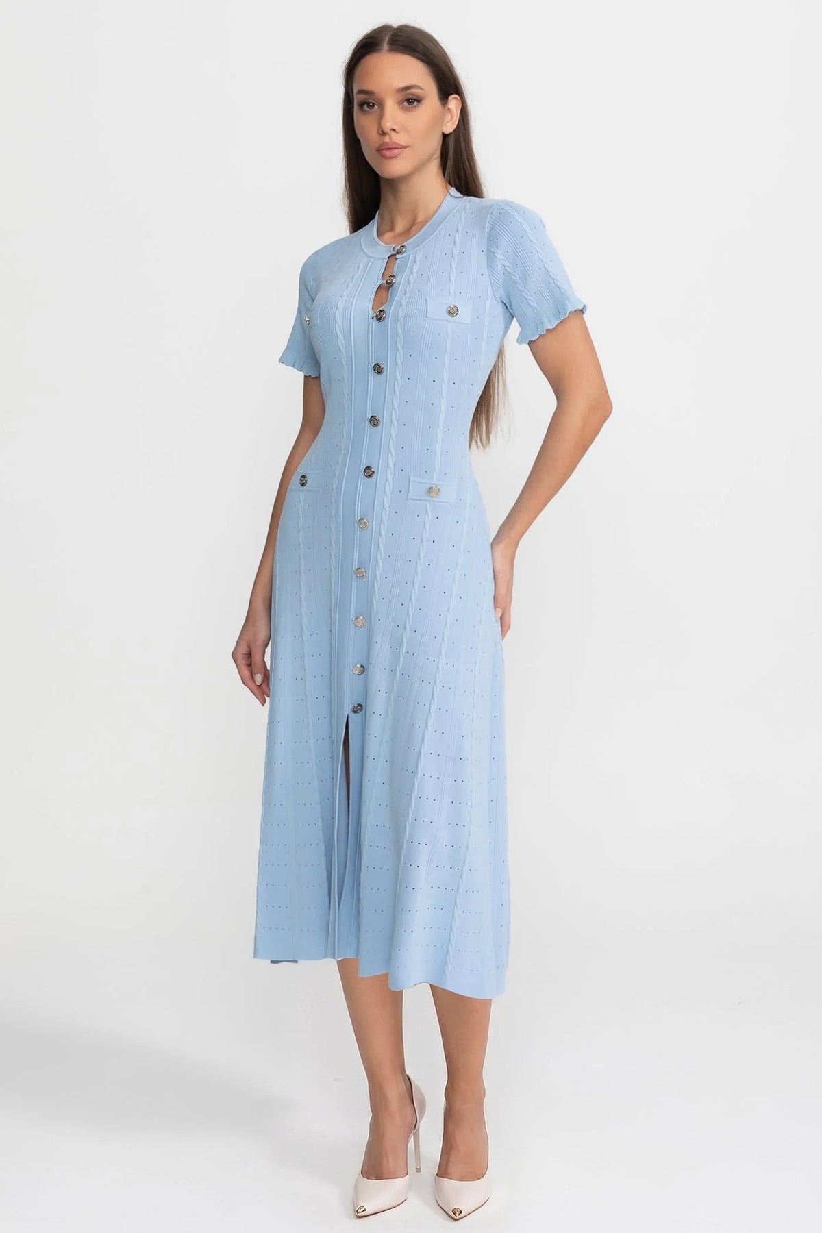 Pointelle Knit Button Front Short Sleeve Ruffle Cuff A-Line Midi Dress 5